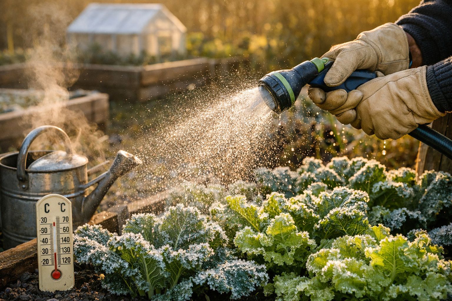 Pessoa a regar plantas com mangueira num jardim ensolarado. Termómetro e regador visíveis ao fundo.