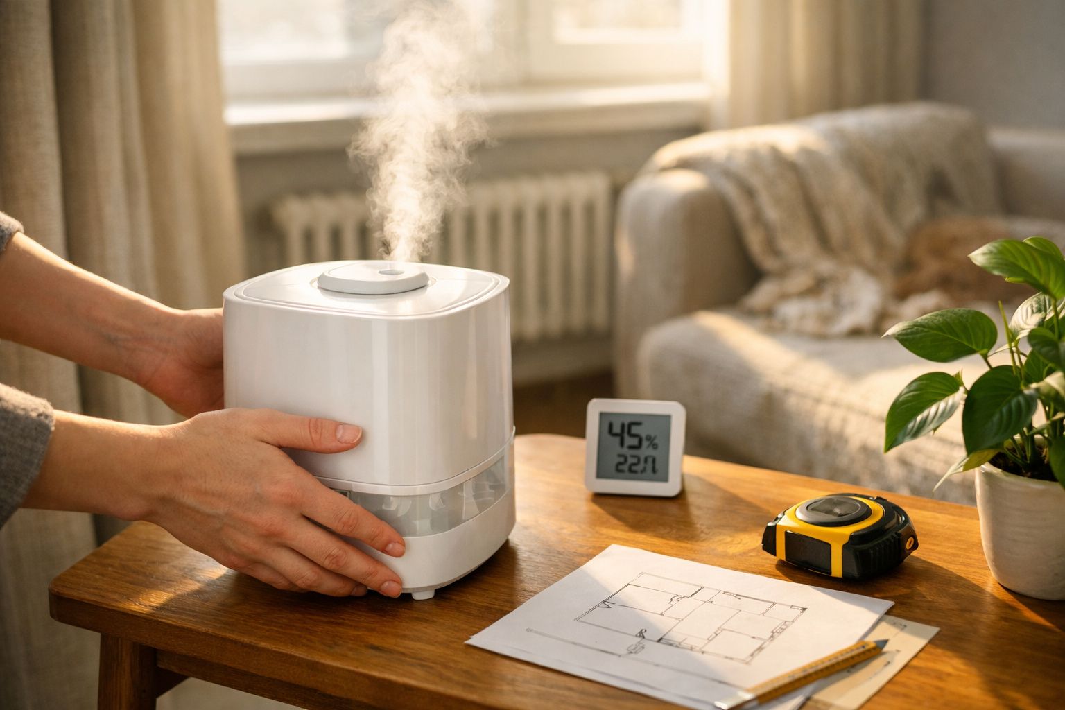 Umidificador em mesa de madeira, ao lado de hidrometro digital e fita métrica, num ambiente de sala de estar.