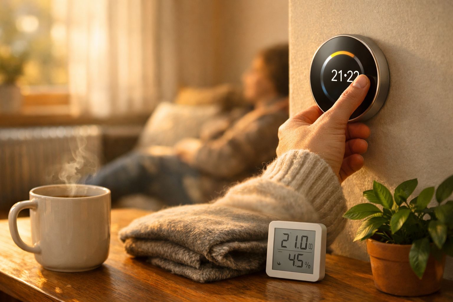 Mão ajusta termostato digital numa sala aconchegante, com chávena fumegante, planta e termómetro ambiental.