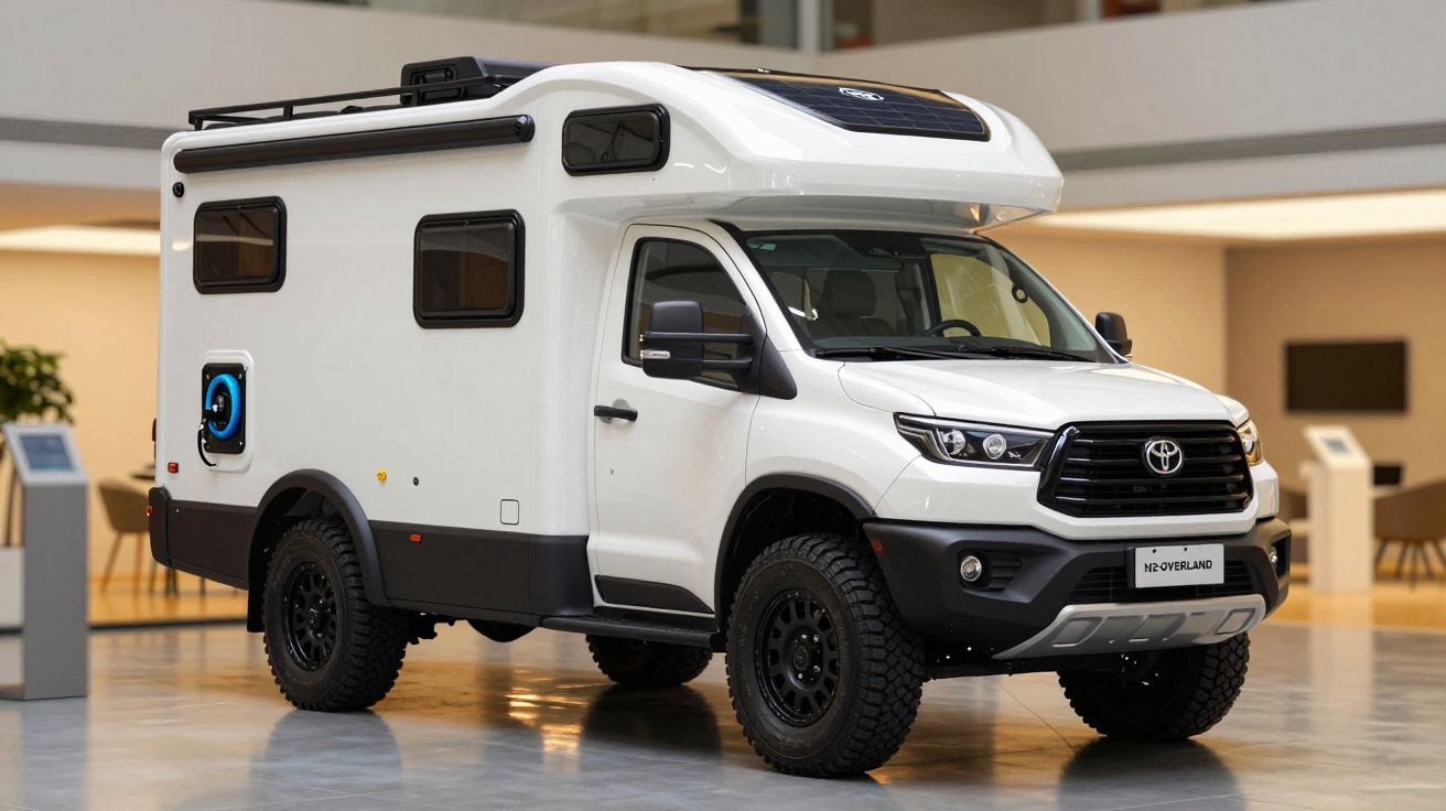 Caravana branca moderna em exibição num espaço interior iluminado.