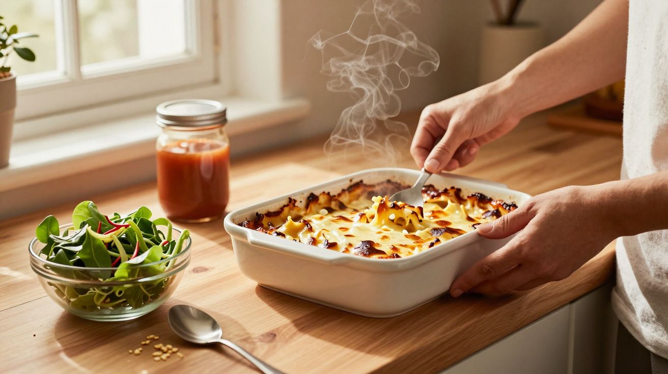 Pessoa a servir lasanha acabada de fazer numa cozinha, com salada e molho ao lado.
