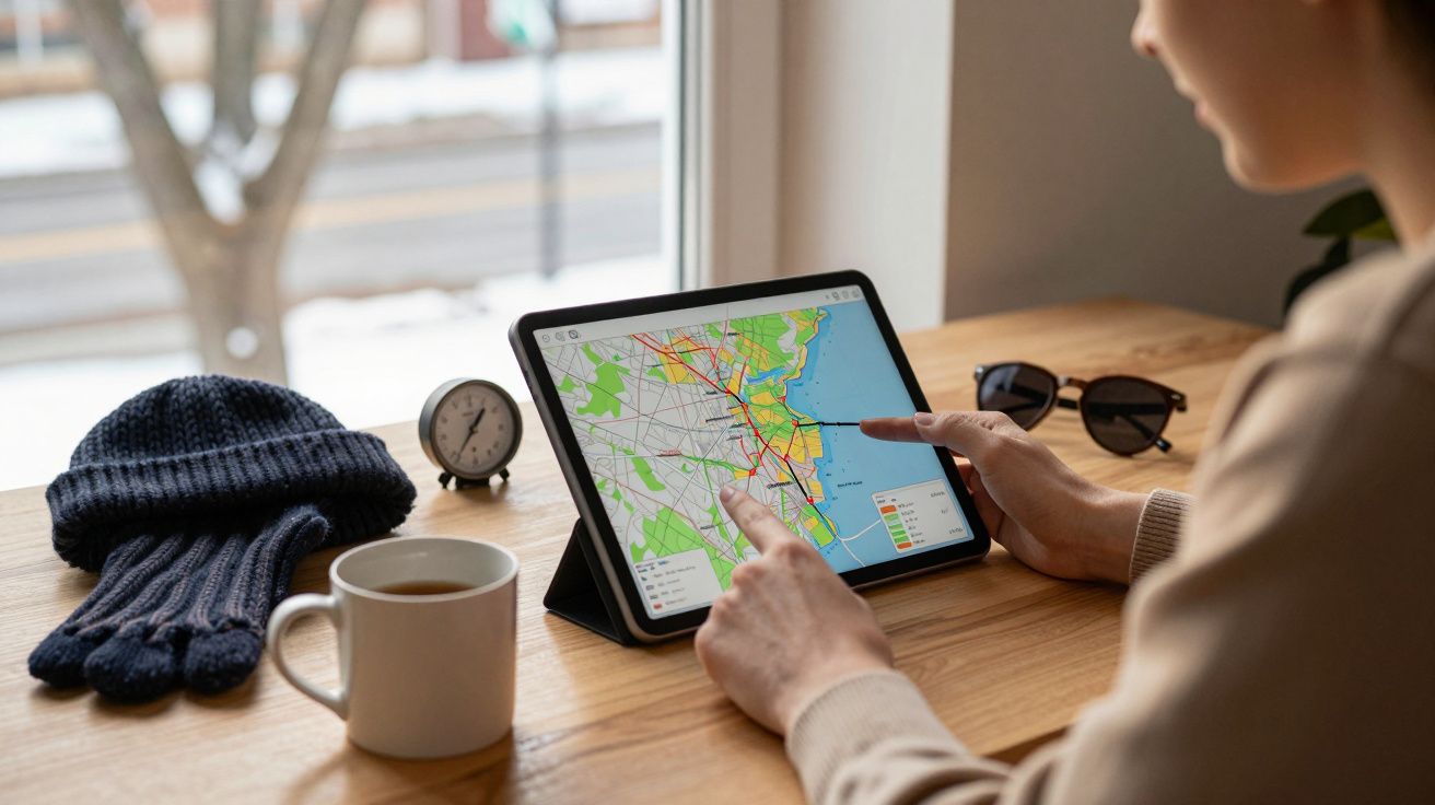 Pessoa usa tablet com mapa numa mesa de madeira, ao lado de café, chapéu, luvas, relógio e óculos de sol.