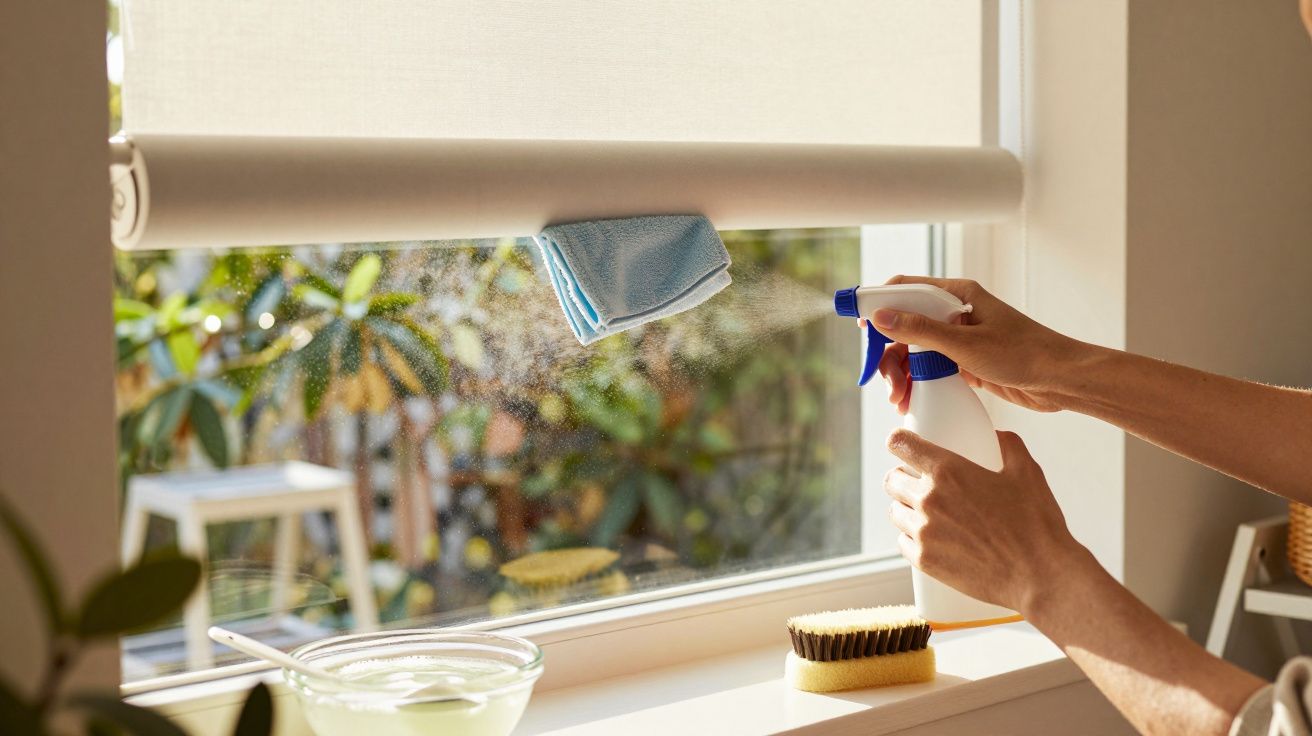 Pessoa a limpar janela com pano azul e spray. Escova e prato com líquido estão no parapeito. Ambiente com plantas ao fundo.