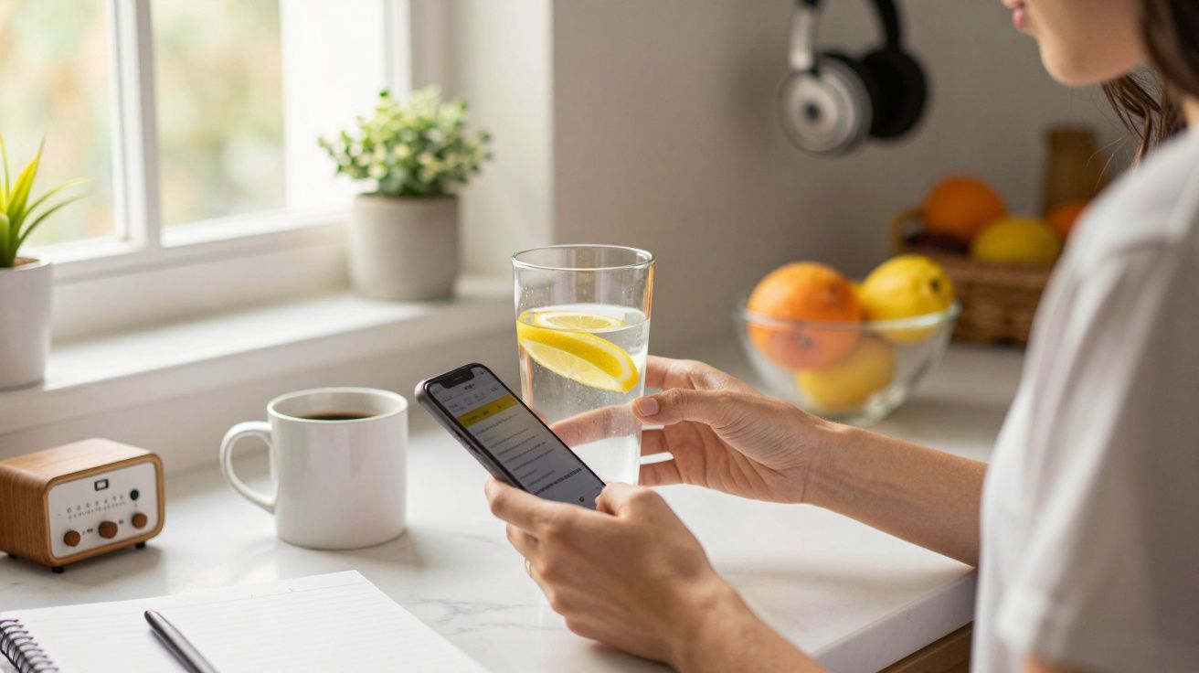 Pessoa segura um copo de água com limão e um telemóvel numa cozinha, ao lado de uma chávena e uma tigela de frutas.
