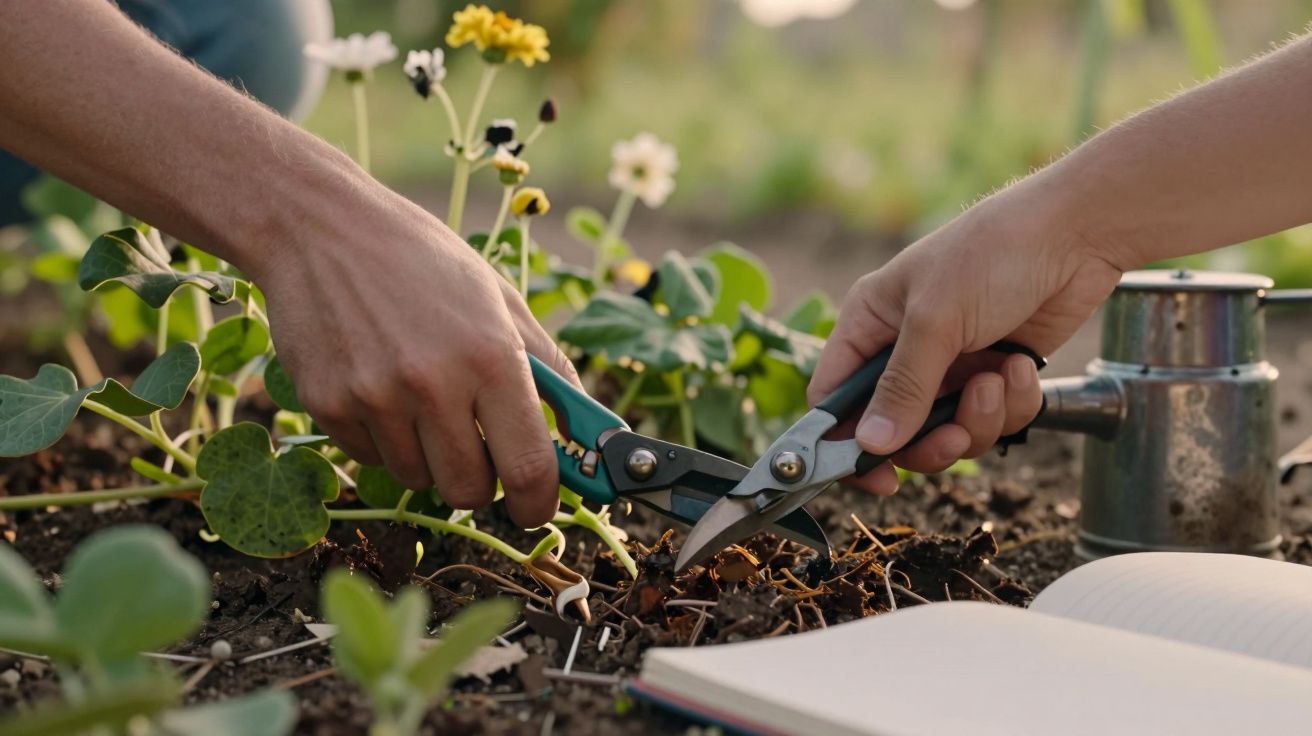 Duas pessoas cuidam de plantas num jardim, cortando ramos com tesouras de poda, ao lado de um regador e um caderno aberto.