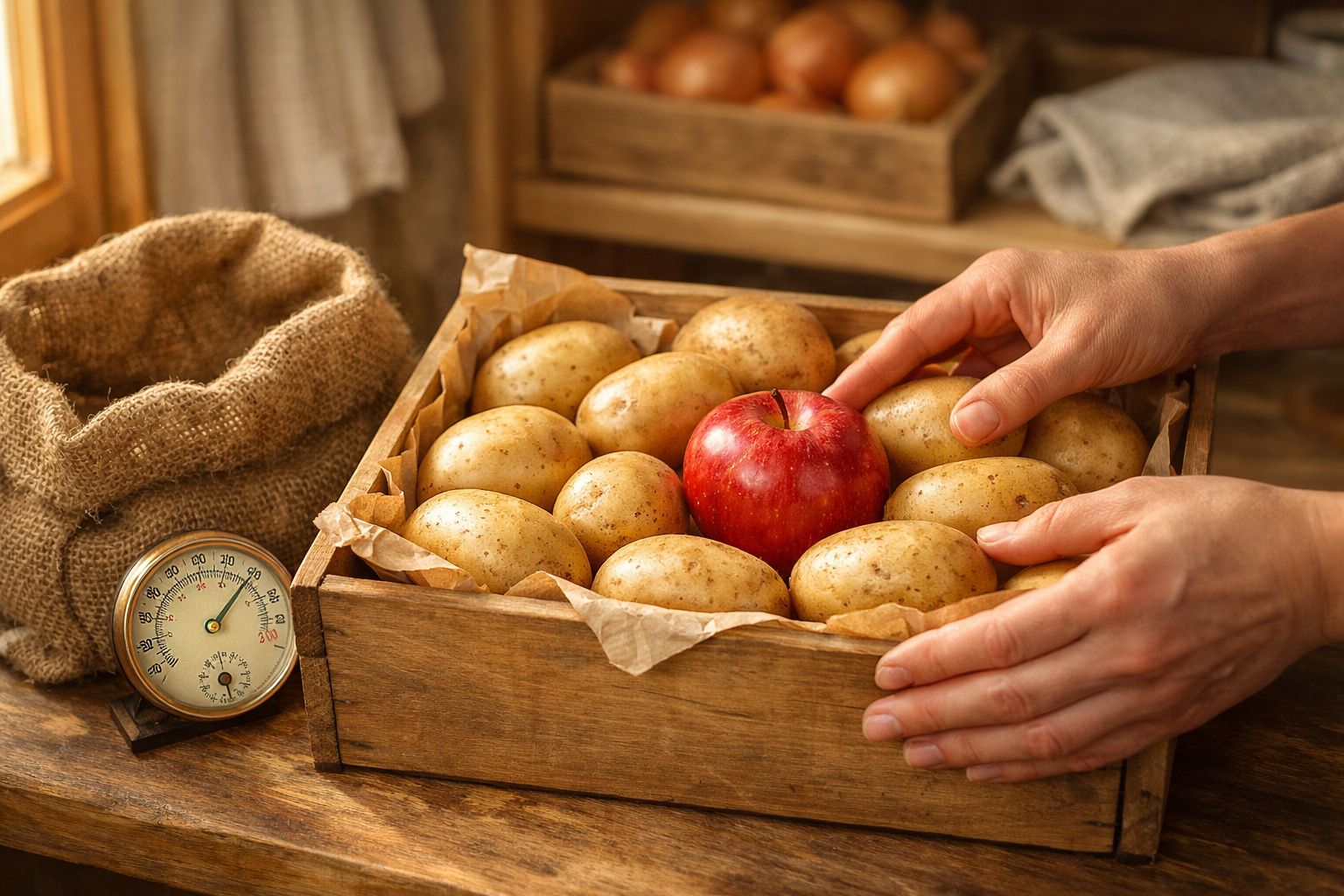 Mãos seguram uma maçã vermelha sobre uma caixa de batatas, ao lado de uma balança e uma cebola sobre a mesa de madeira.