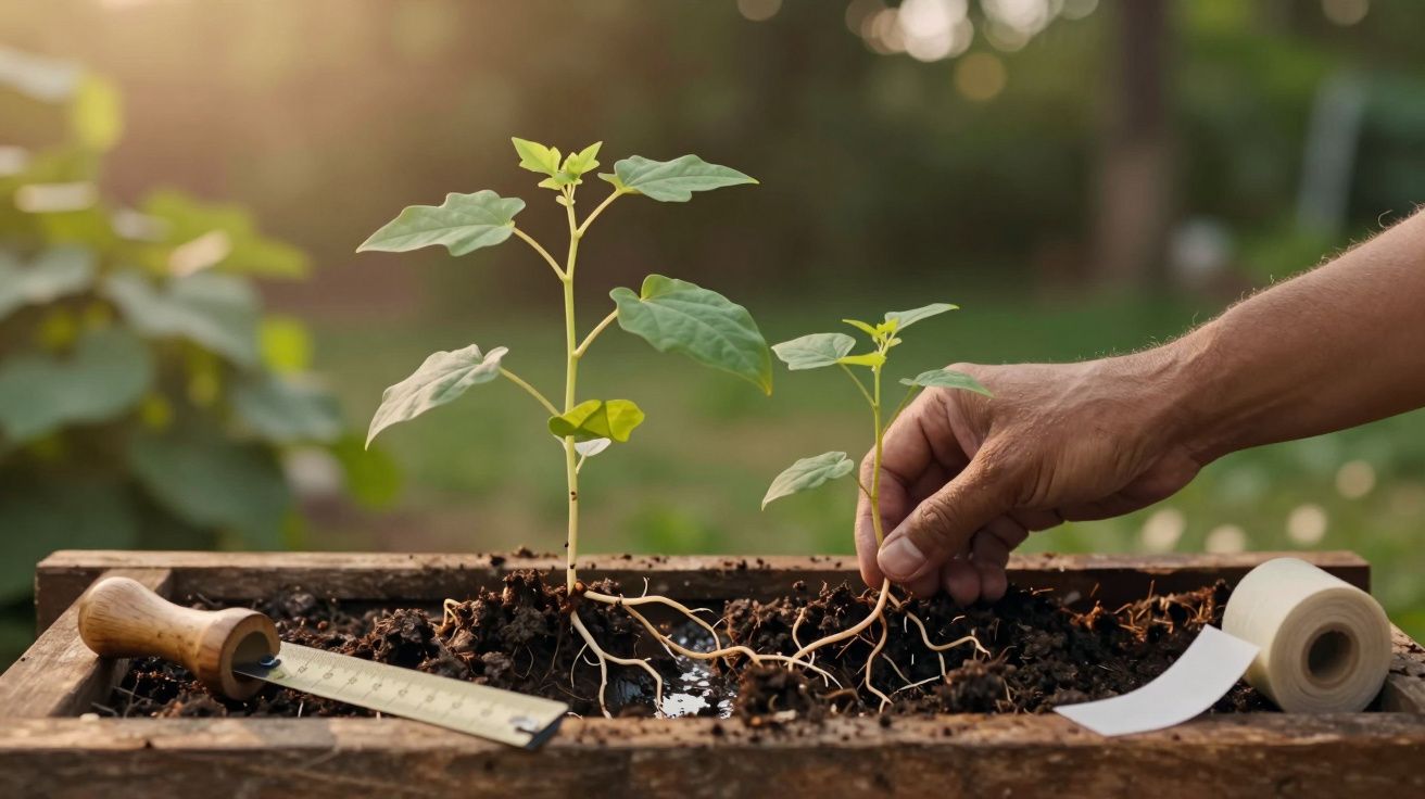 Mão plantando mudas em vaso de madeira com terra, ao lado de ferramentas de jardinagem. Fundo desfocado.