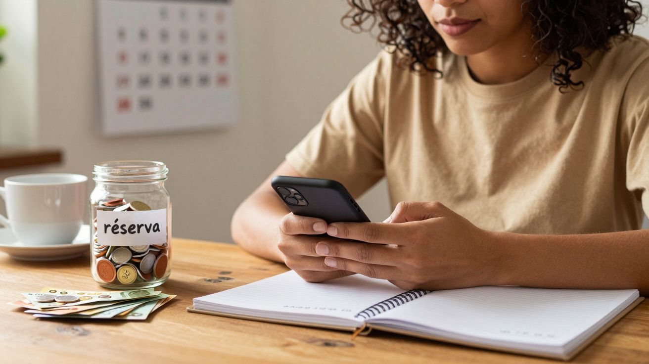 Mulher usa telemóvel na mesa com caderno, jarro com moedas e notas, e chávena ao lado.