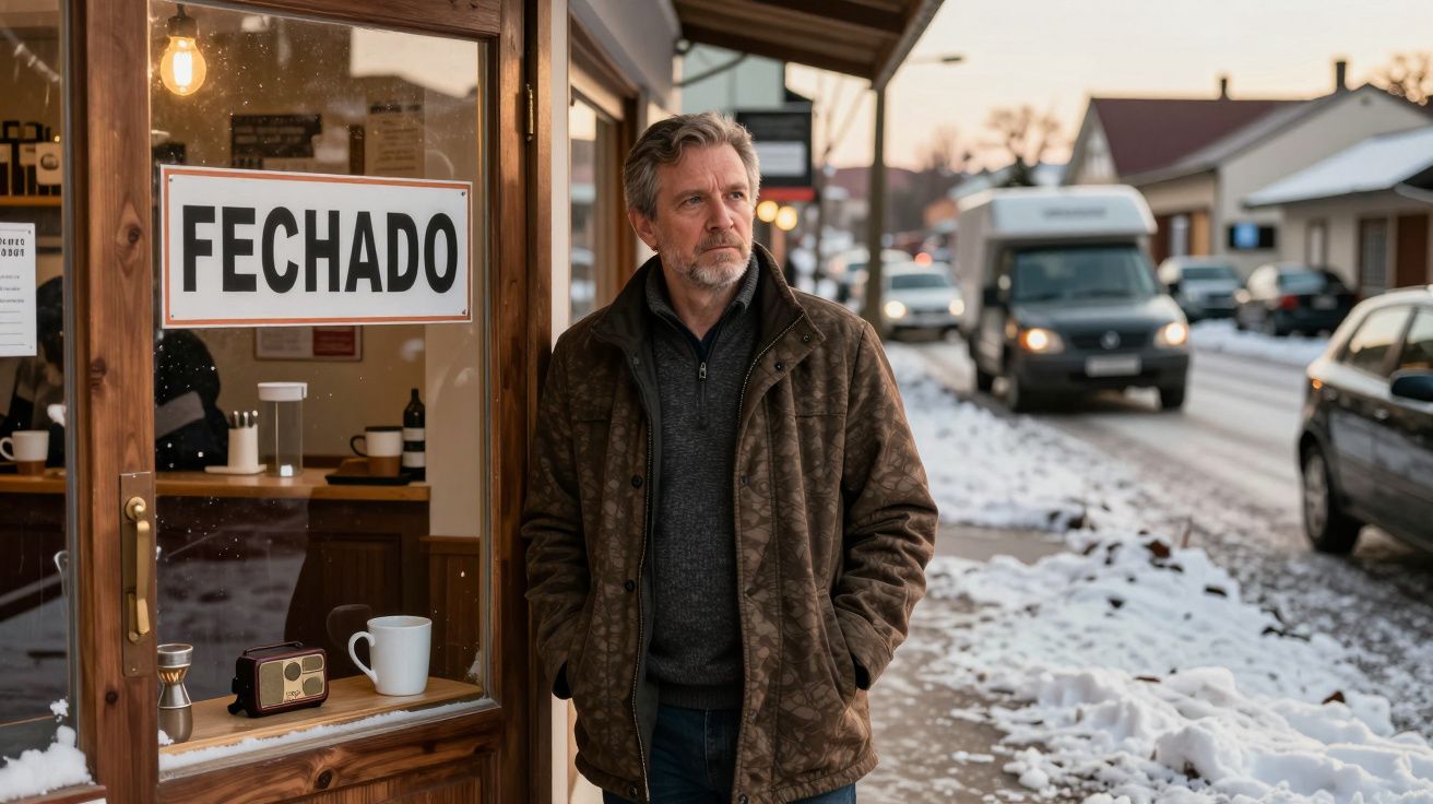 Homem em pé fora de uma loja fechada, em rua com neve e carros ao fundo.