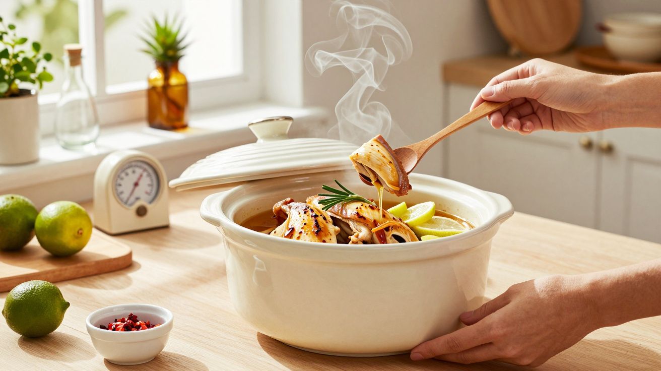 Mãos servindo sopa quente de vegetais em panela branca numa cozinha iluminada por luz natural.