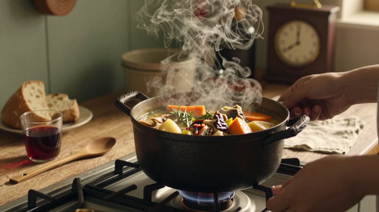 Panela de ferro com sopa a ferver no fogão, legumes visíveis e pão ao lado.
