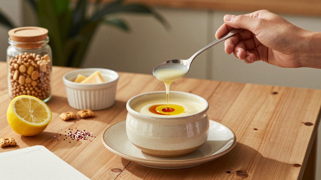 Mão vertendo sopa em taça, com limão, biscoitos e condimentos ao lado, sobre mesa de madeira.