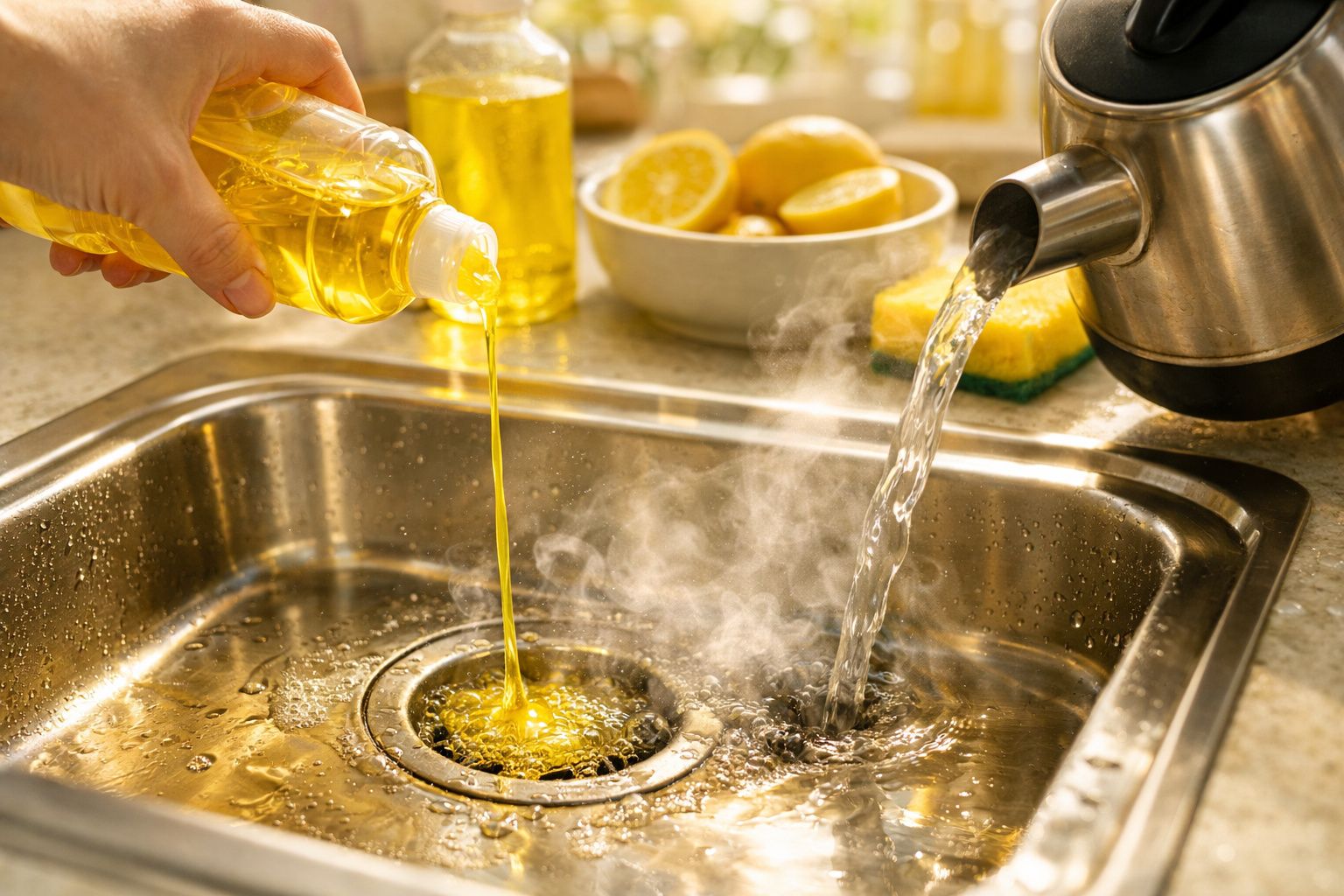 Detergente líquido e água a ferver são despejados na pia, rodeada de limões e uma taça com esponja e citrinos.