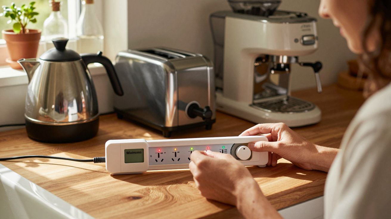 Pessoa ajusta régua de energia numa bancada de cozinha com chaleira, torradeira e máquina de café ao fundo.