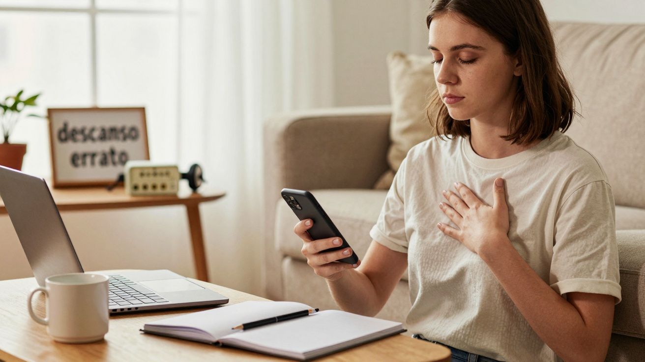 Mulher sentada em casa, com smartphone e mão no peito, laptop e caderno sobre a mesa.