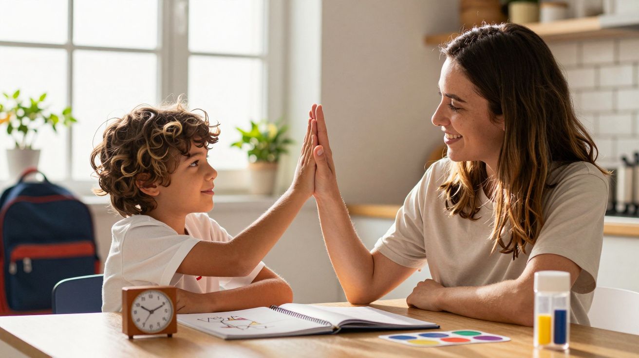 Menino e mulher fazem "high five" na mesa, sorridentes, com material de desenho e plantas ao fundo.