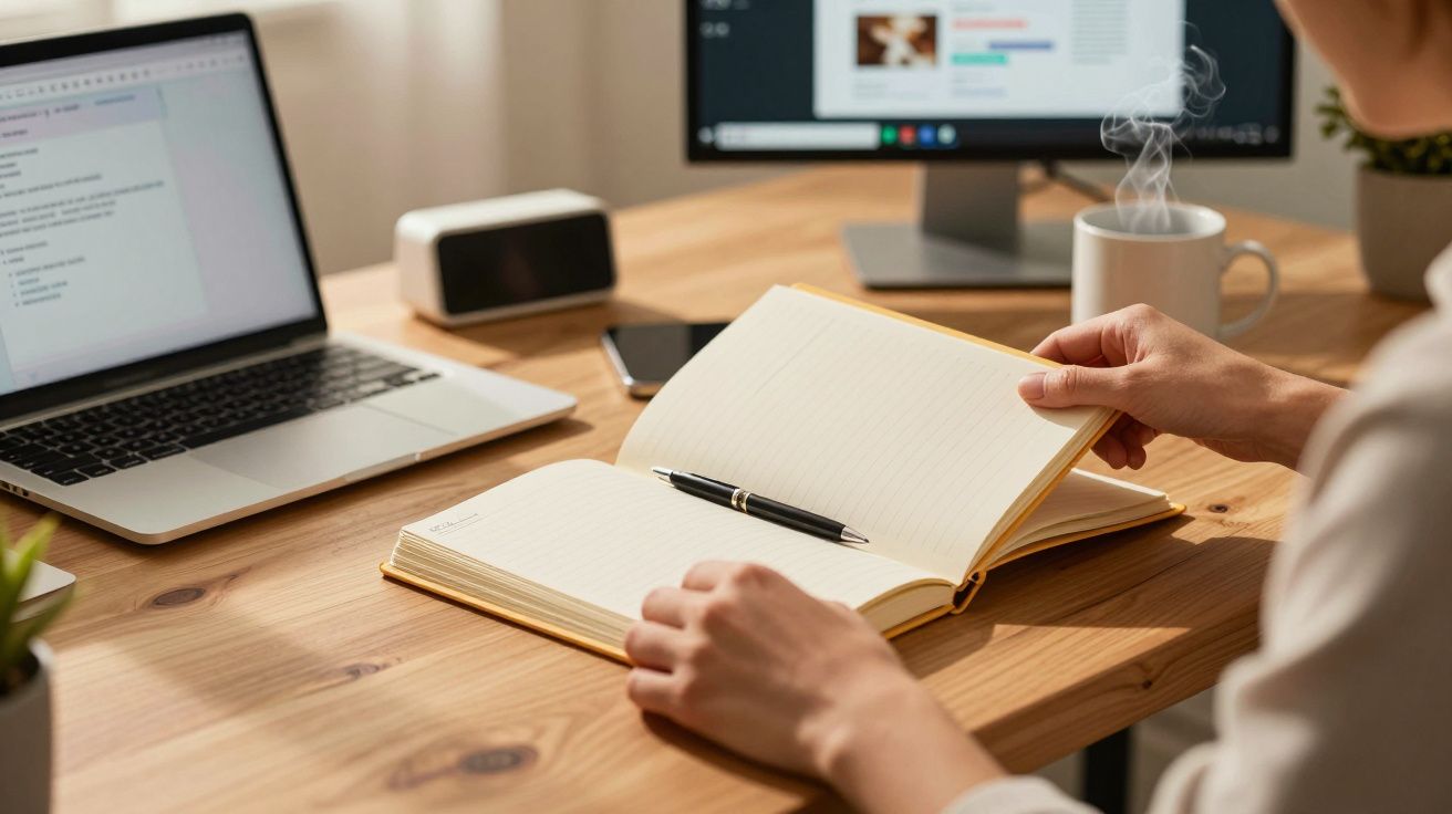 Pessoa a folhear caderno numa secretária com portátil, chávena de café e smartphone.