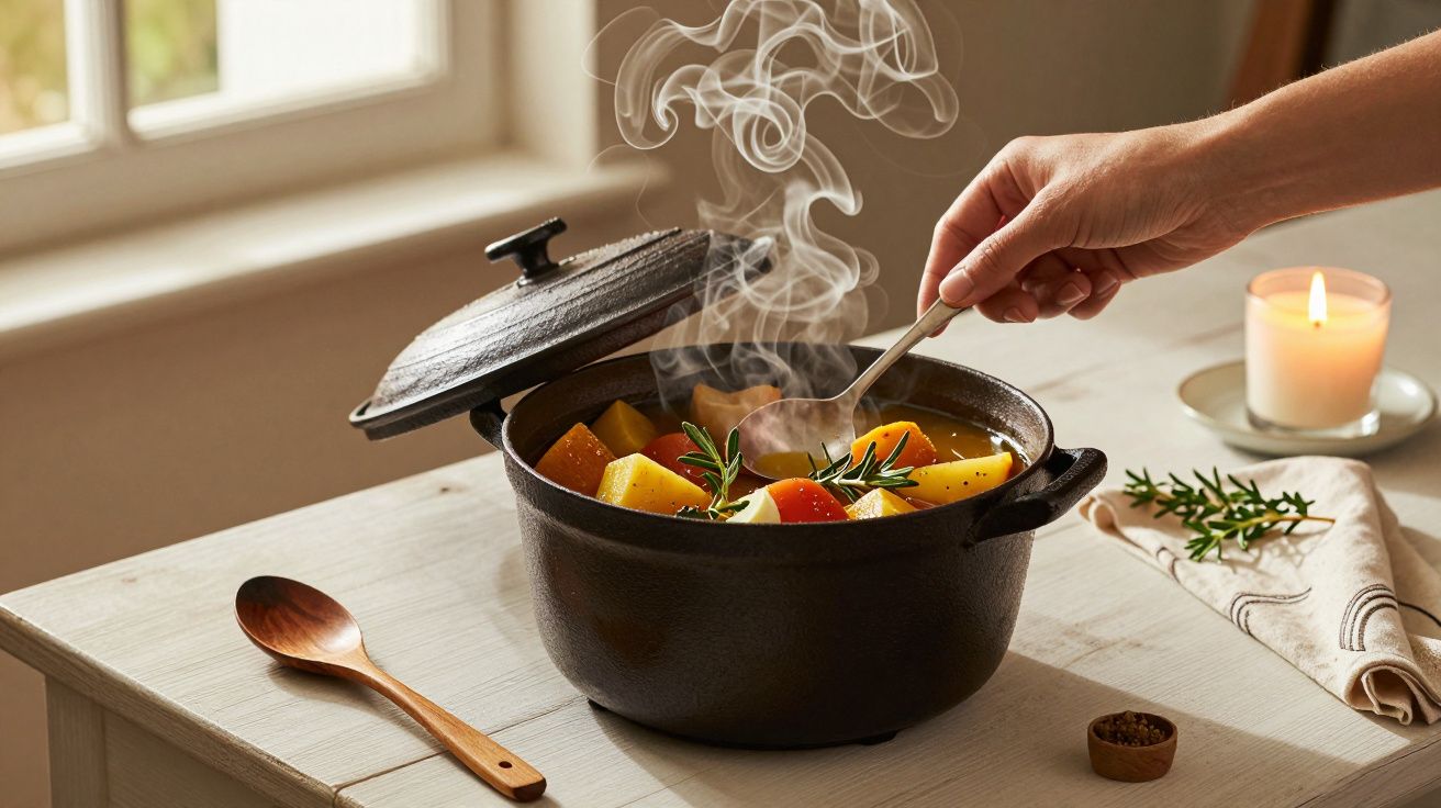 Pessoa mexe com colher num tacho preto com legumes a fumegar, numa mesa com vela acessa e colher de pau.