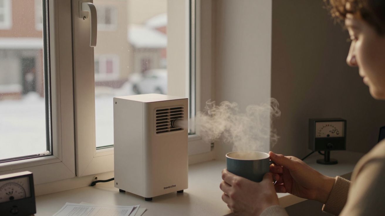 Pessoa segura uma chávena de bebida quente ao lado de um aquecedor branco numa mesa junto à janela.