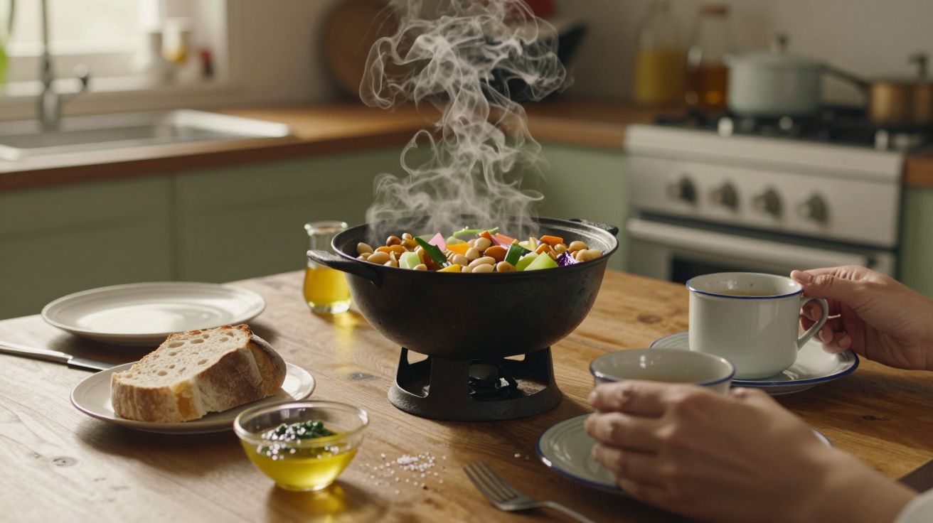Mesa com cozido a fumegar, chávena, pão, azeite e mãos segurando uma caneca, em cozinha acolhedora.