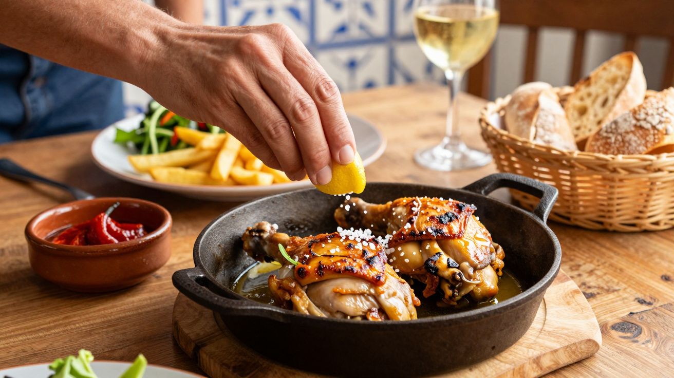 Mão espreme limão sobre frango grelhado numa frigideira, com acompanhamentos ao fundo, num ambiente de restaurante.