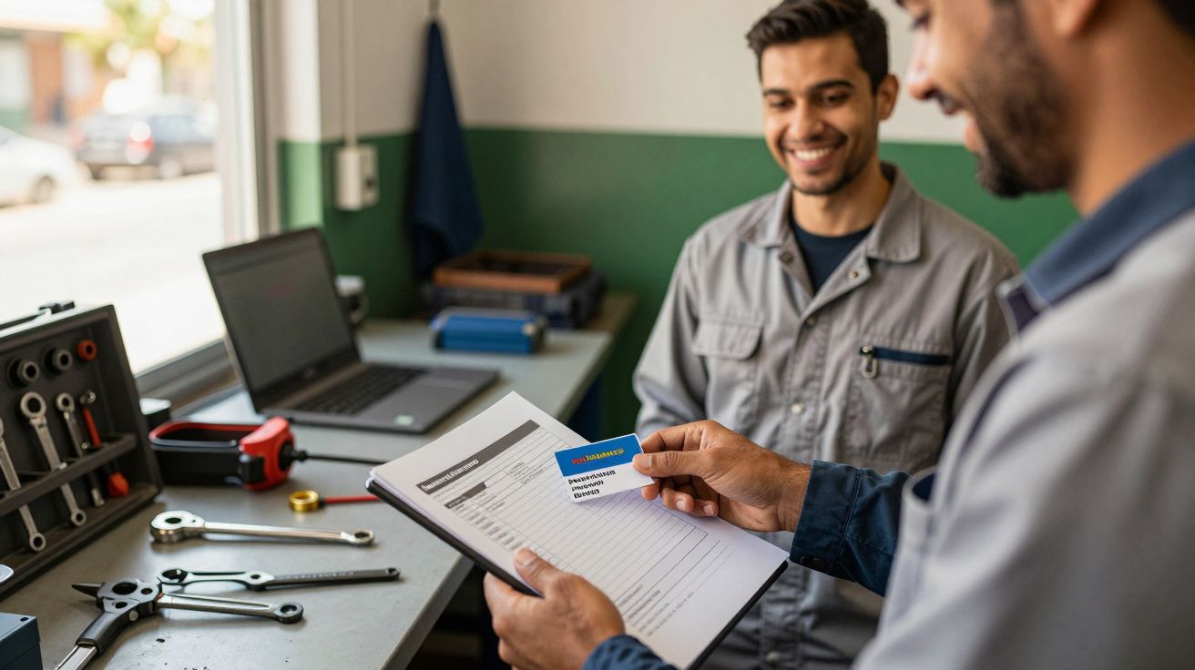 Dois mecânicos numa oficina, um segurando documentos e um cartão, com ferramentas e um portátil ao fundo.