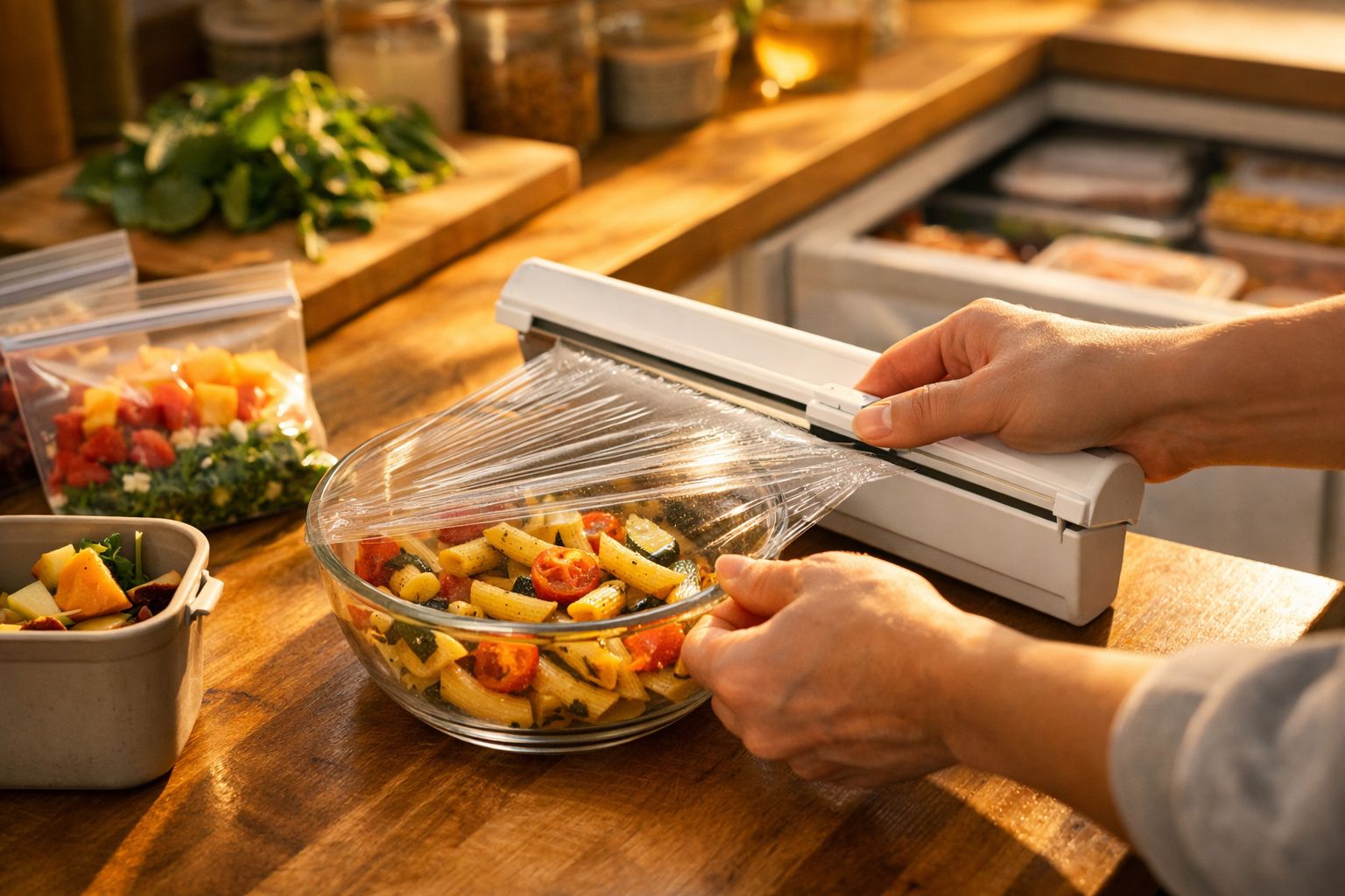 Pessoa a cobrir uma taça de salada com película aderente numa cozinha iluminada pelo sol, com vegetais ao fundo.