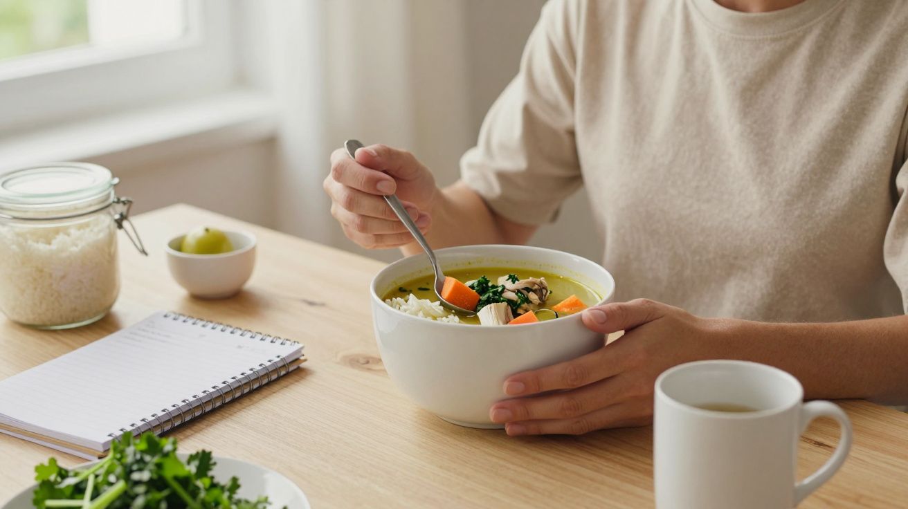 Pessoa a comer sopa de legumes à mesa, com um bloco de notas ao lado e uma caneca de bebida quente.