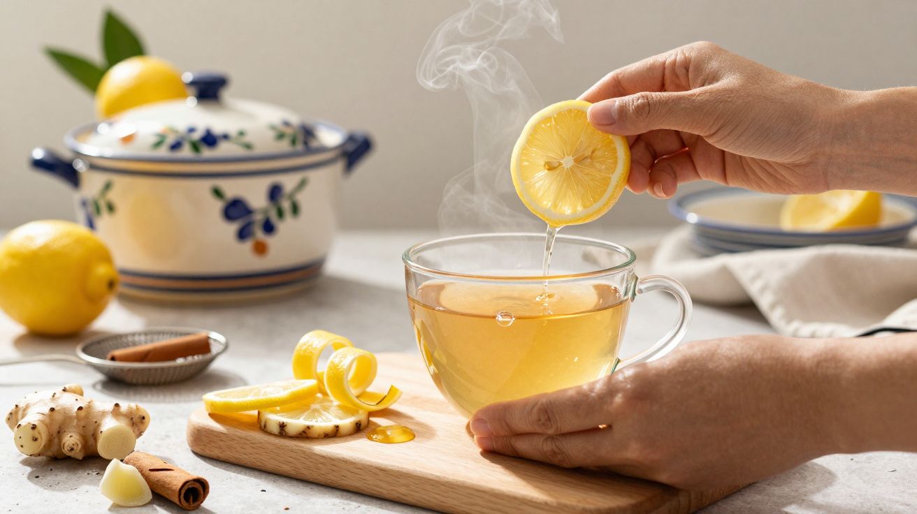 Mão espremendo limão em chá quente numa chávena de vidro sobre tábua de madeira, com gengibre e canela ao lado.