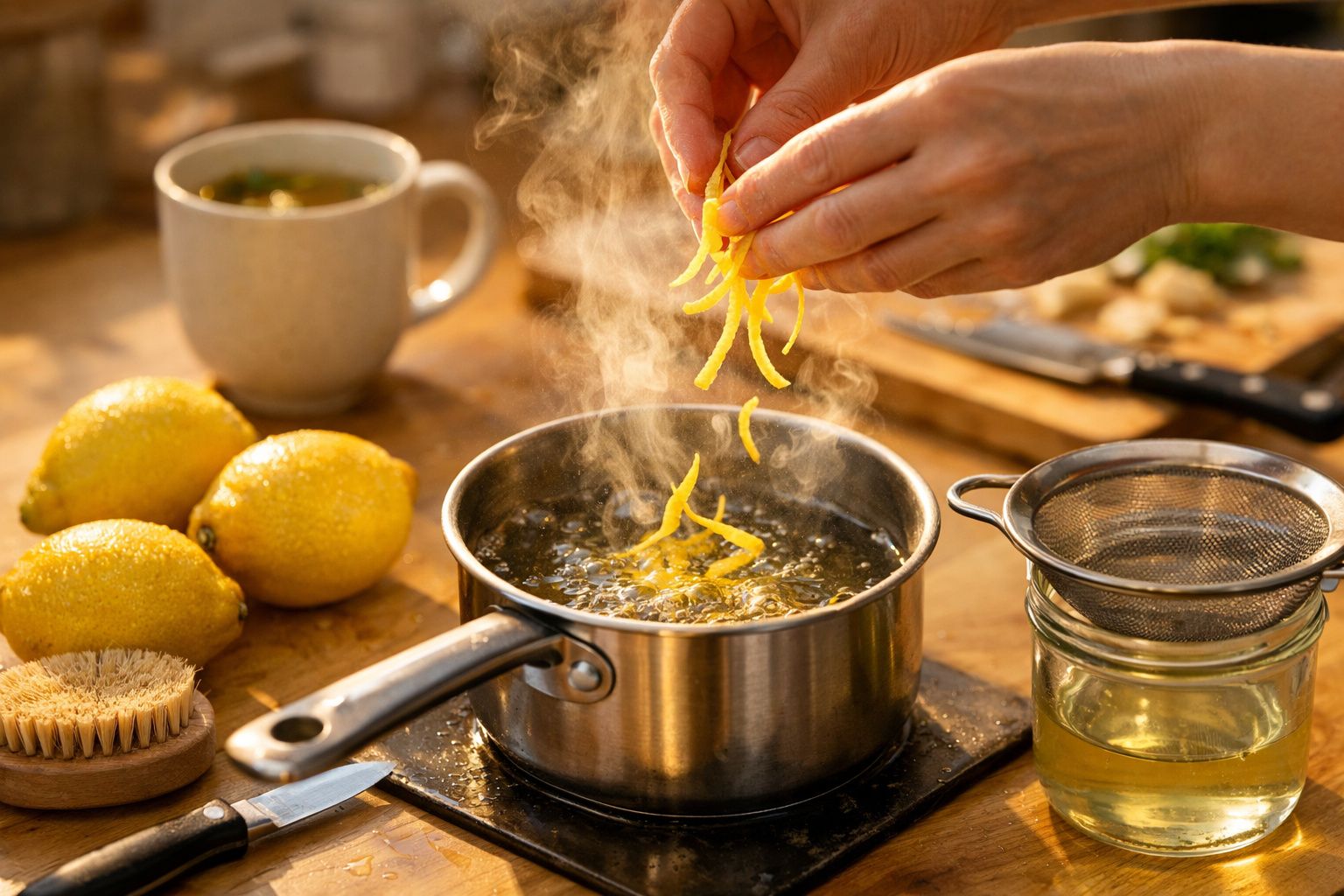 Mãos adicionam cascas de limão a uma panela a ferver, ao lado de limões, chávena e coador em mesa de madeira.