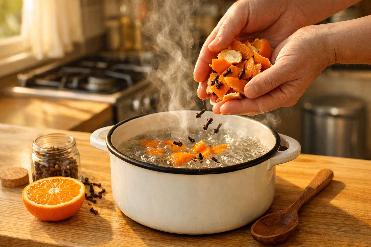 Tacho no fogão com água a ferver, fatias de laranja, canela e cravo; tampo é levantado, fundo de cozinha iluminado.