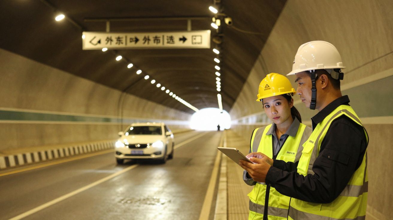 Engenheiros num túnel, usando capacetes e coletes refletivos, analisam dados num tablet, enquanto um carro passa.
