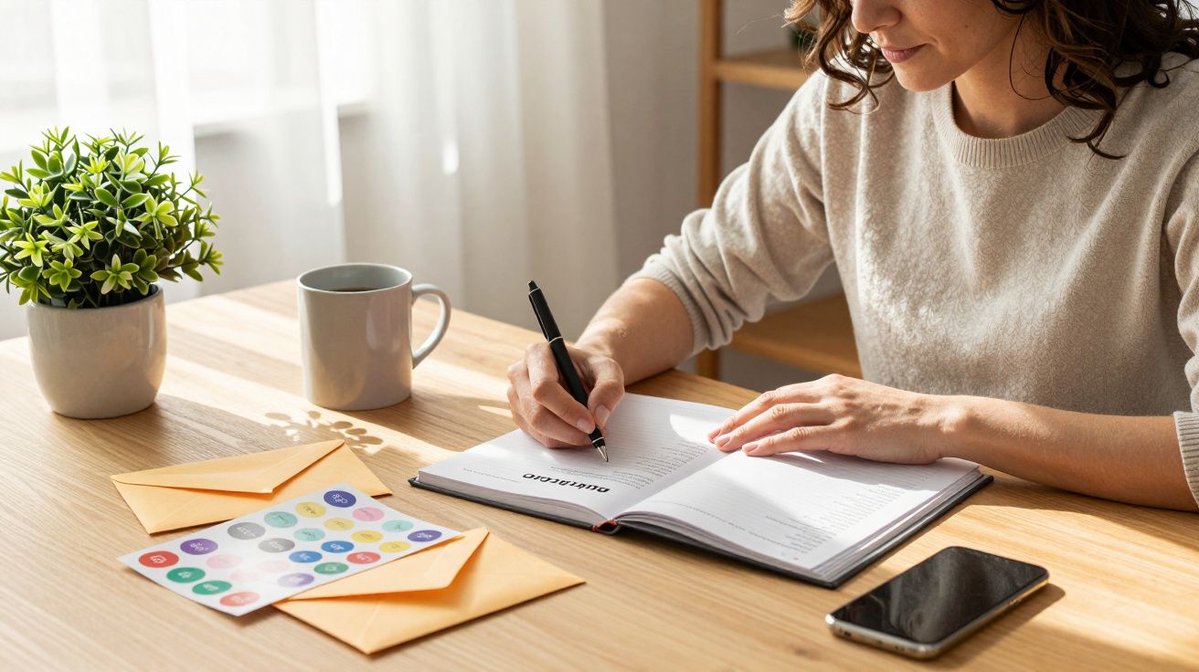 Mulher a escrever num caderno aberto numa mesa de madeira, com envelopes, caneca, telemóvel e planta ao lado.