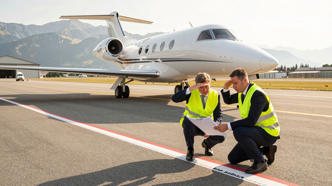 Dois homens de coletes refletores analisam documentos ao lado de um jato particular na pista de um aeroporto.