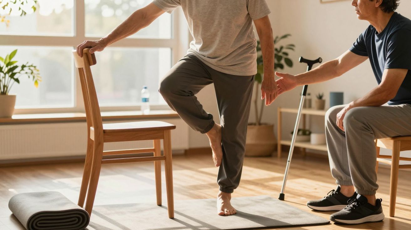 Homem idoso faz exercício de equilíbrio numa perna, apoiado numa cadeira, supervisionado por outra pessoa numa sala iluminada
