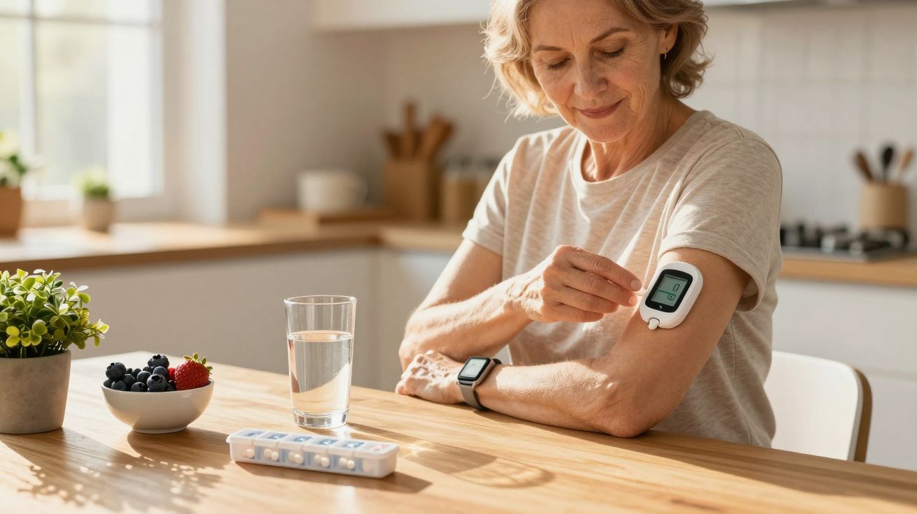 Mulher mede nível de glicose no braço com dispositivo digital, em cozinha iluminada. Na mesa, frutas, água e caixa de comprim