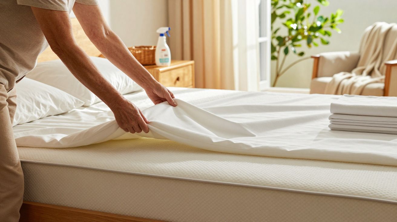 Pessoa a fazer a cama, ajustando lençóis brancos num quarto iluminado.