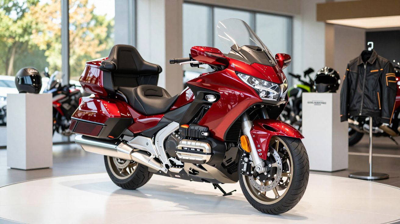 Moto vermelha em exposição numa sala com capacetes e jaquetas no fundo.