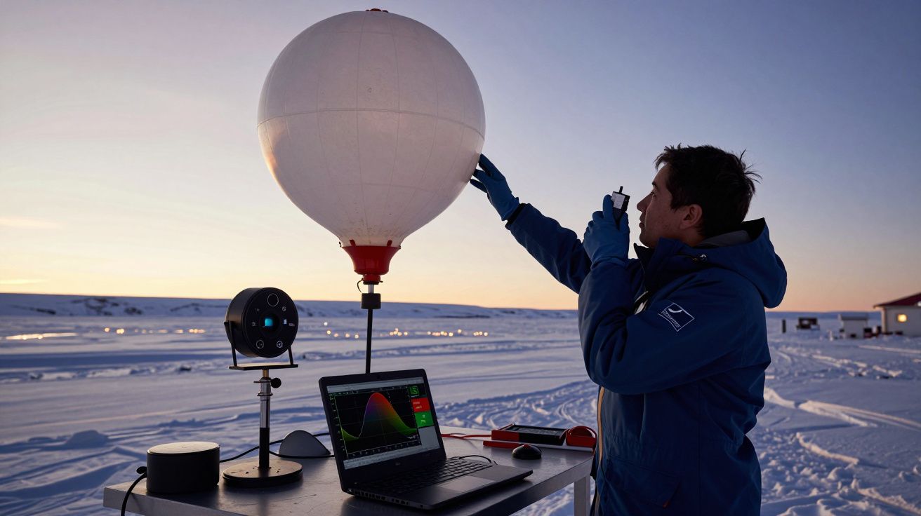 Homem em roupas de inverno prepara um balão meteorológico ao nascer do sol em uma área de neve.