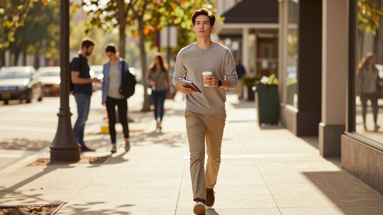 Homem a caminhar na rua com café e caderno na mão, árvores e outras pessoas ao fundo num dia ensolarado.