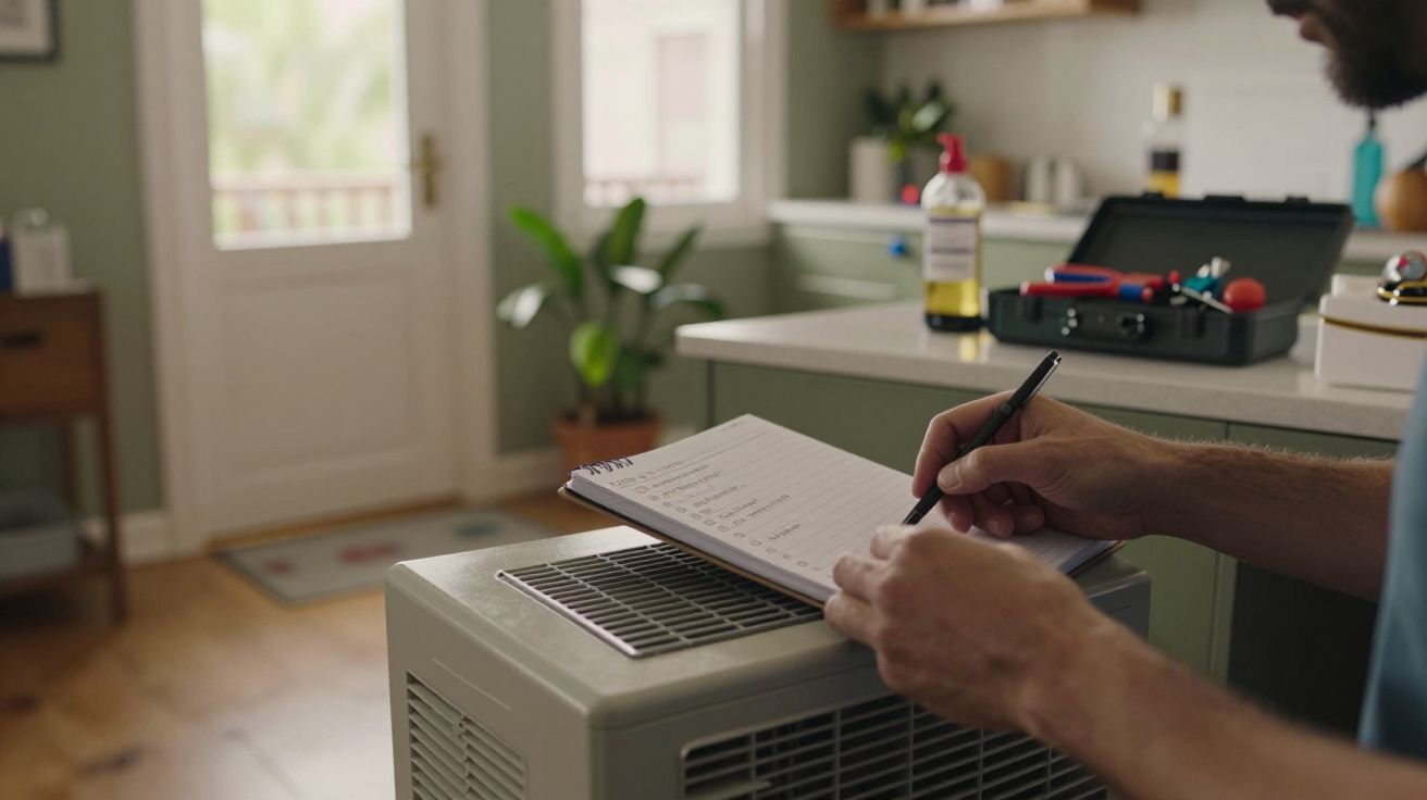 Homem escreve numa lista em cima de um aparelho de ar condicionado em casa, com caixa de ferramentas e planta ao fundo.