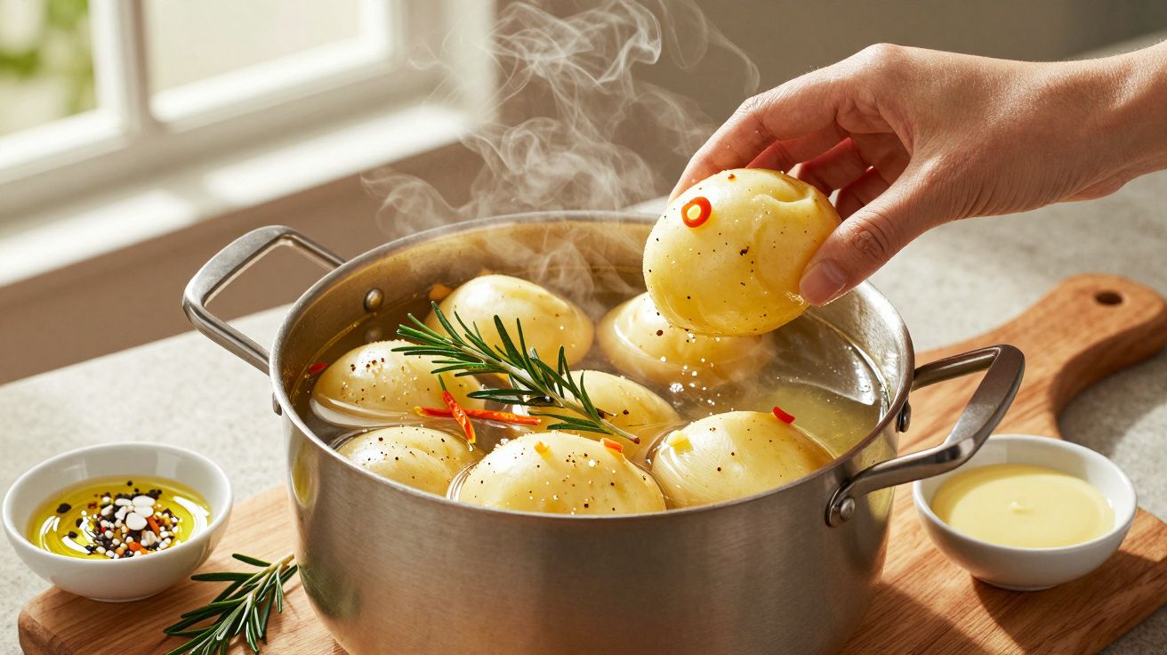 Mão segurando pão cozido a vapor sobre panela com ervas aromáticas. Próximo, tigelas de molho e temperos.