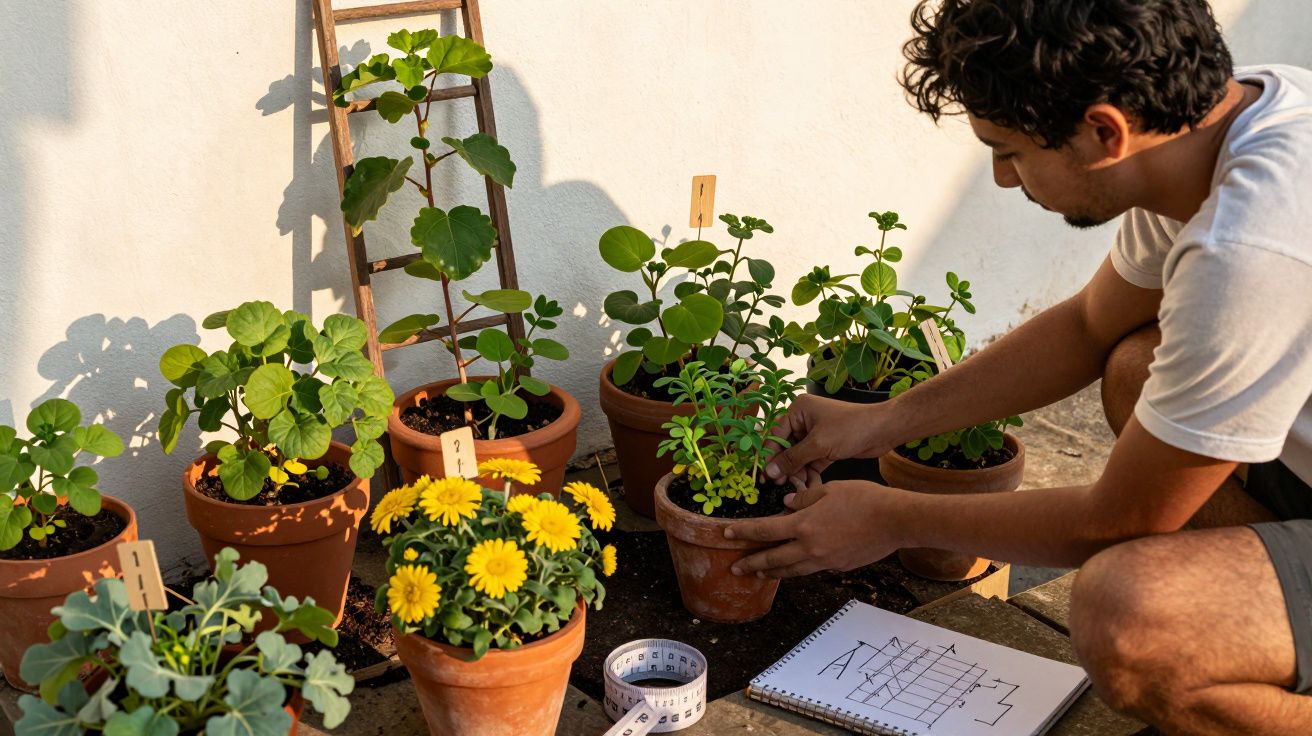 Homem cuidando de plantas em vasos ao sol, com bloco de notas e fita métrica ao lado.