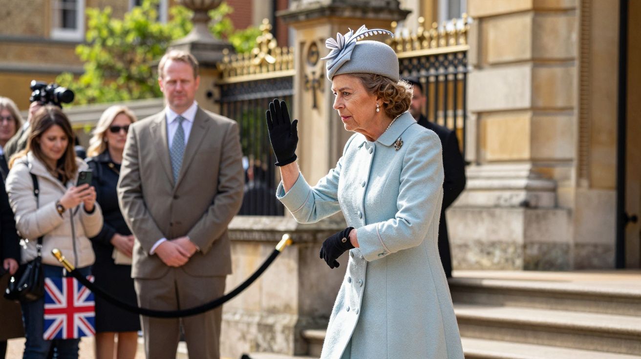 Mulher idosa com casaco azul e chapéu cumprimenta público em cerimónia ao ar livre diante de um prédio elegante.