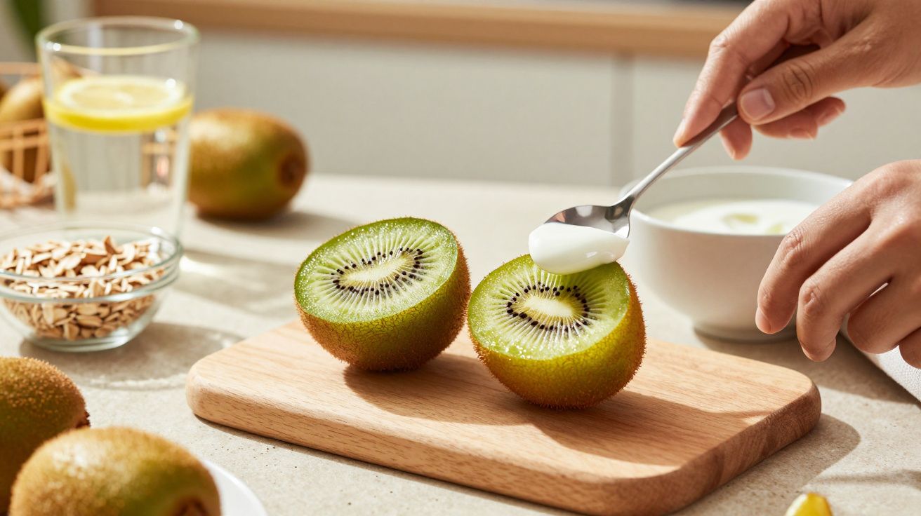 Pessoa colocando iogurte em kiwi cortado ao meio numa tábua, com um copo de água e sementes ao fundo.
