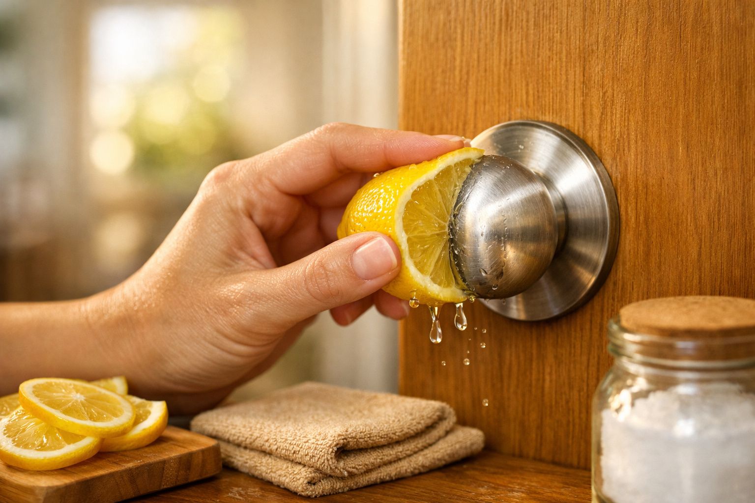 Mão a esfregar metade de um limão numa maçaneta de porta metálica, com sumo a pingar.