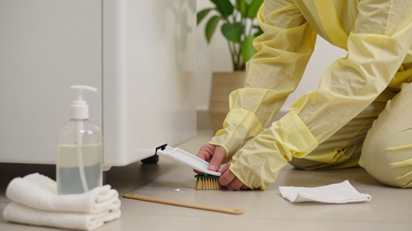 Pessoa de joelhos, vestida de amarelo, a limpar o chão com uma escova junto a um móvel. Produto de limpeza e pano ao lado.