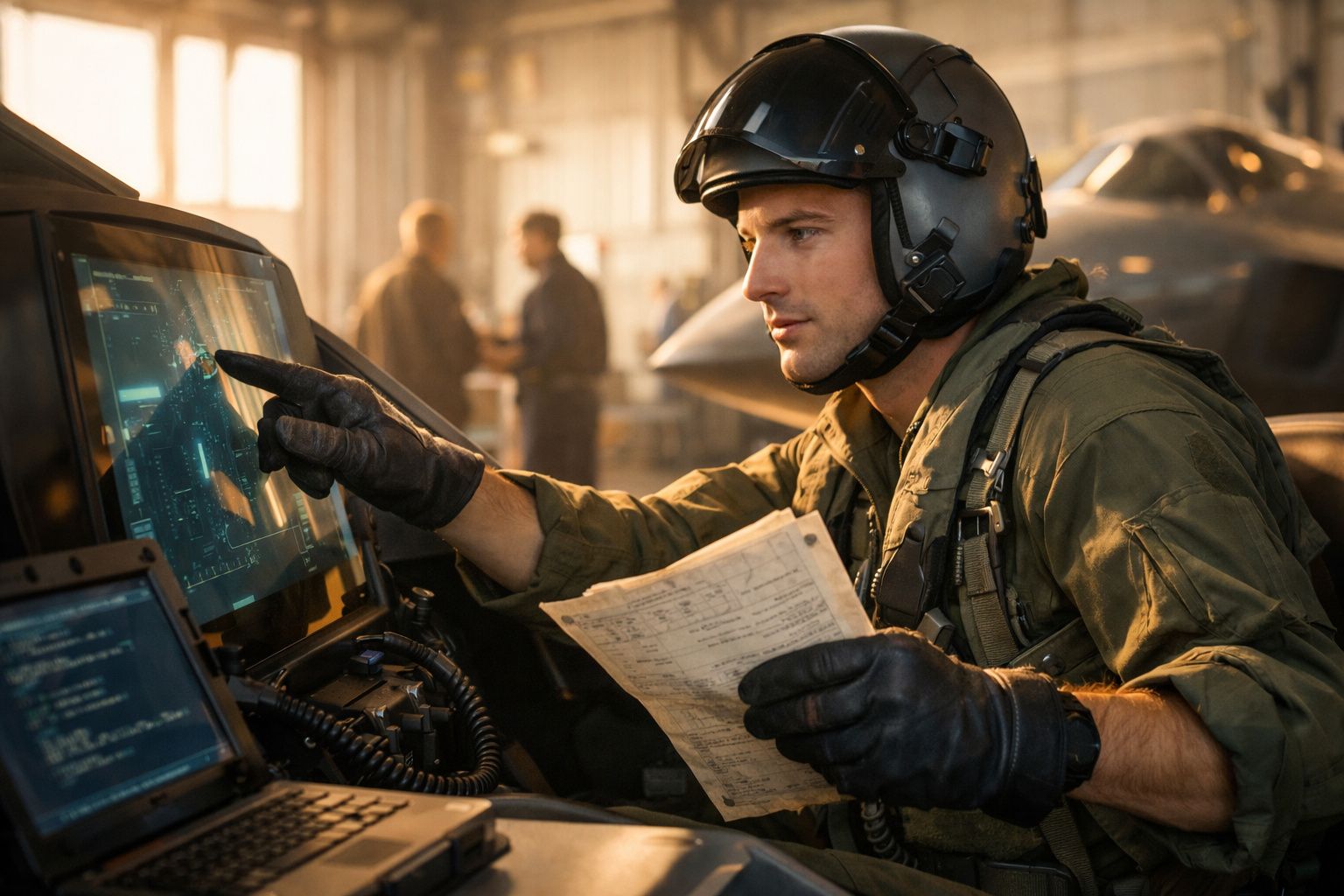 Piloto em treino num simulador de voo, com instrutor ao lado, aviões ao fundo.