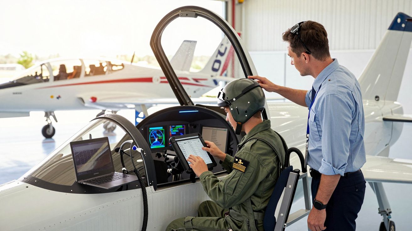 Aviador em uniforme verifica sistema de voo em simulador com instrutor ao lado, avião ao fundo em hangar.