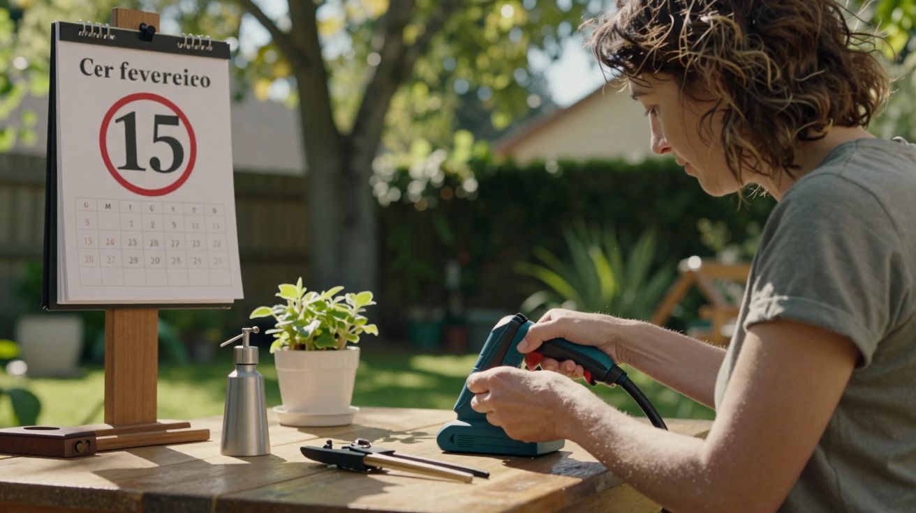 Mulher trabalha com ferramenta elétrica em mesa de madeira ao ar livre. Calendário mostra dia 15 de fevereiro.